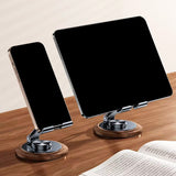 suporte de celular e tablet rotativo com base de madeira com metal neua exclusive