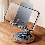 suporte de celular rotativo com base de madeira com metal neua exclusive