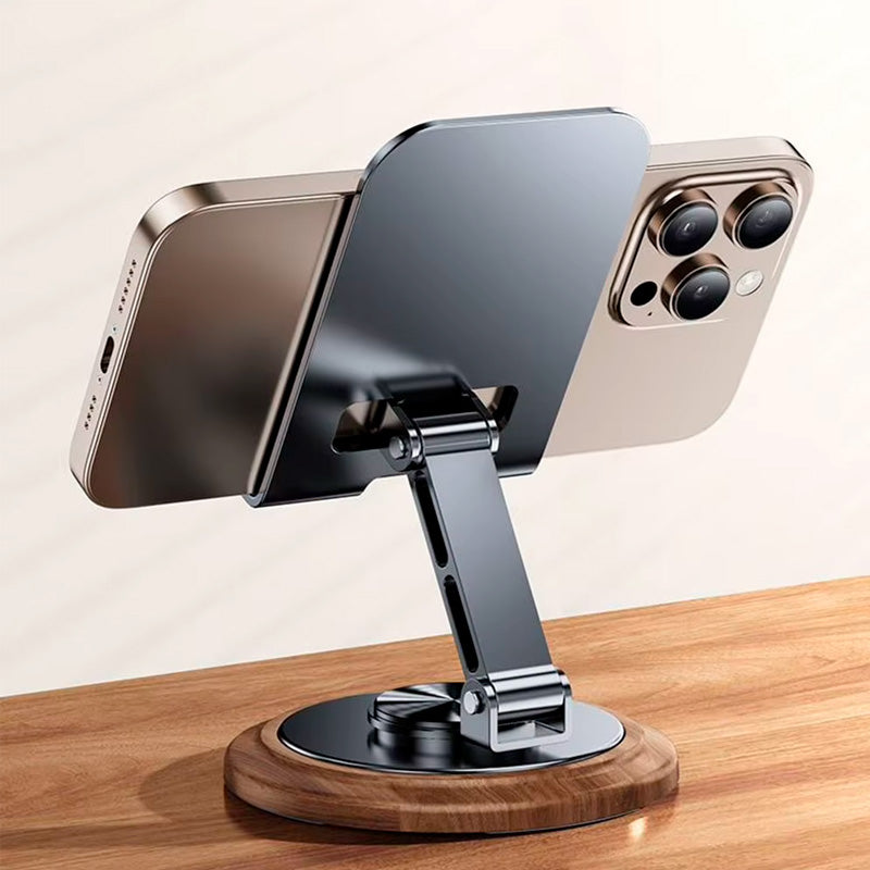 suporte de celular rotativo com base de madeira com metal neua exclusive