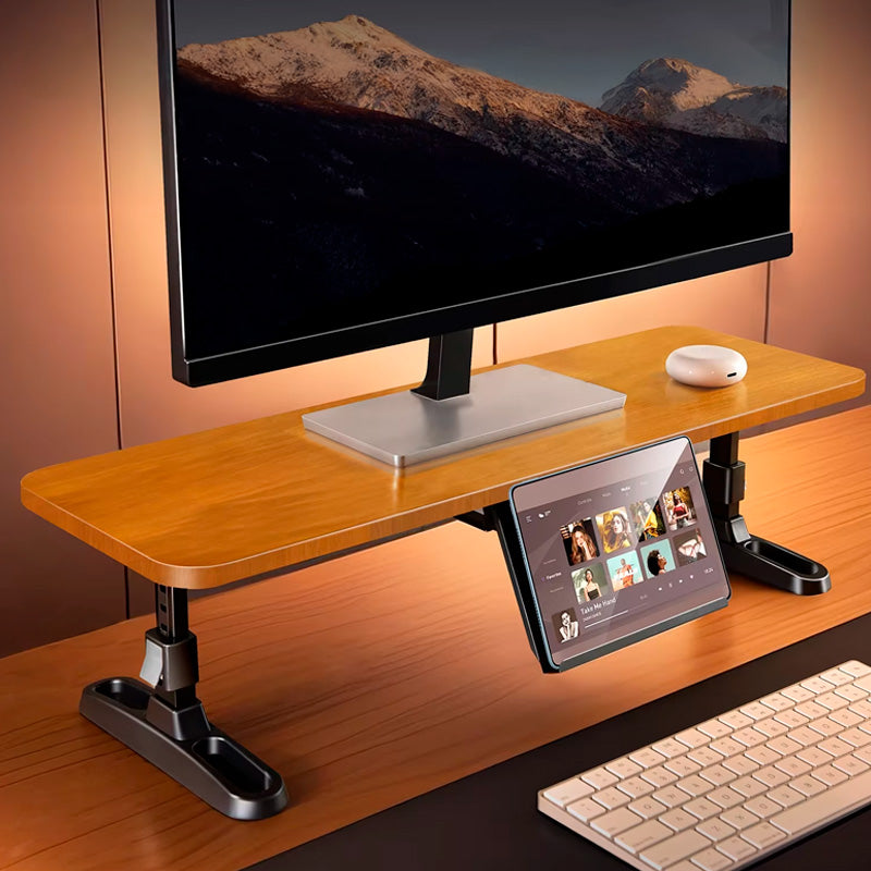 suporte de monitor regulável de madeira neua nsense com suporte para tablet e celular deskshelf neua